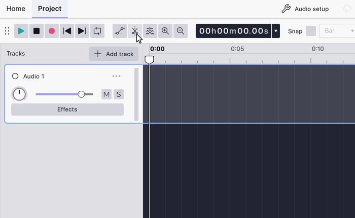 The split tool in the toolbar, with the cursor on its scissors button