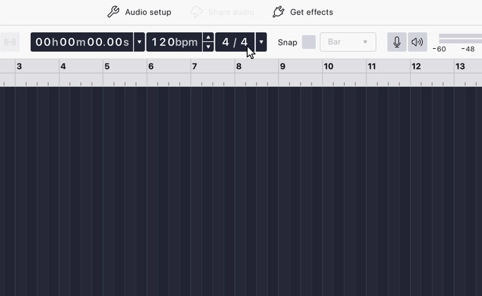 The time signature selector in the Music workspace toolbar, showing 4/4