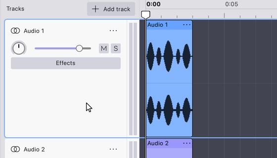 An audio track's control panel: name and menu, pan, volume, mute and solo, the Effects button, and the level meters at the right edge