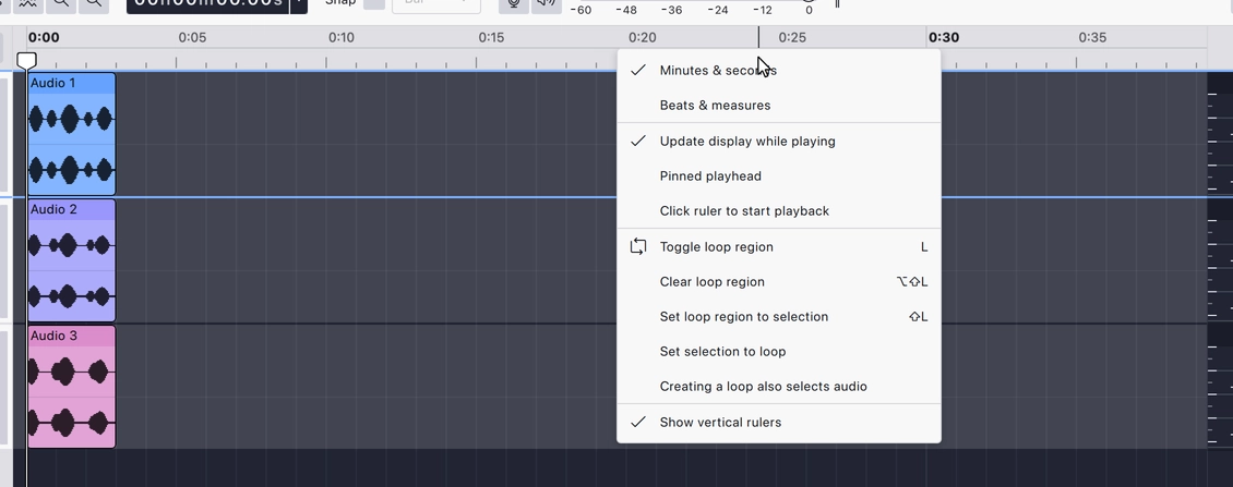 The timeline's right-click menu, listing the ruler formats, playback options, loop region commands and vertical rulers