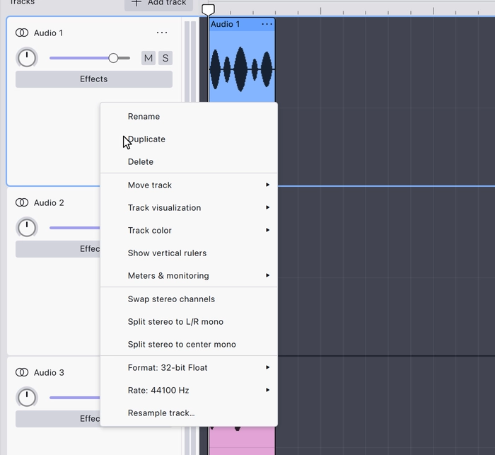 The track menu open over the track area: rename, duplicate and delete, then the move, visualization, colour, meter and stereo commands, and the format and rate settings