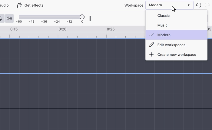 The workspace dropdown open in the top right corner, listing the built-in workspaces and Edit workspaces
