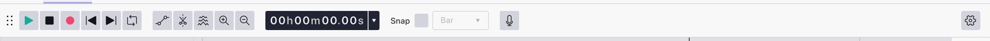 The Tools toolbar: transport controls, editing tools, zoom, the playhead timecode, snapping and the record level button