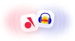 Audacity logo and audio.com logo overlaying in a playful manner