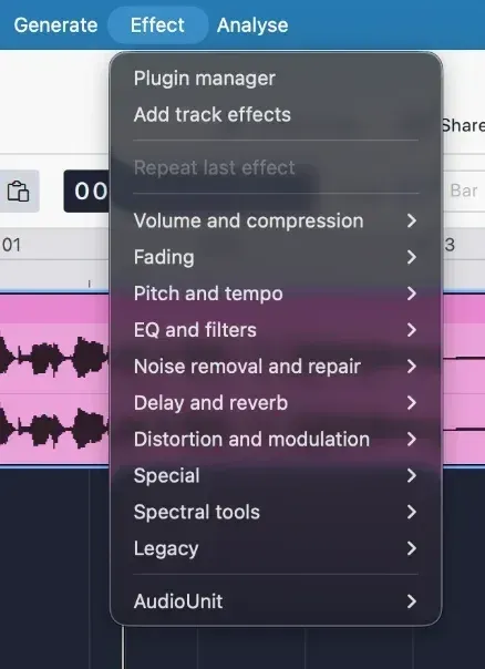 The Effect menu, with effects grouped by what they do